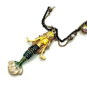 Mermaid Pendant Necklace With Black and Gold Beads Pearl Accents And Nautical Ch